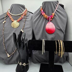 Multi-Layered Bead Necklaces & Gold/Silver-Toned Bangle Bracelets Set